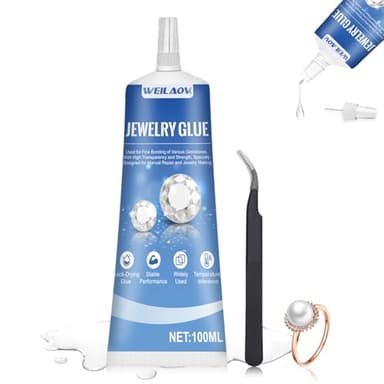 WEILAOK Schmuckkleber Extra Stark Transparent, schmuckkleber, schmucksteinkleber mit Pinzette, Mehrzweckkleber Zum Präzisen Verkleben von Edelsteinen, Perlen etc, Transparent, Feiner Spitze, 100ml