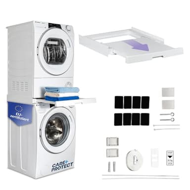 CARE+PROTECT Universaler Zwischenbaurahmen mit ausziehbarem Boden für Waschmaschinen und Trockner, passend für Geräte mit Tiefe 47-62 cm, platzsparend, weiß, eckige Front