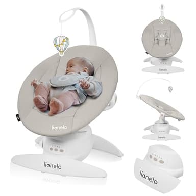 LIONELO Iris Elektrisch Babywippe 360o drehbar für Babys bis zu 9 kg Verstellbare Rückenlehne, 5 Wiegegeschwindigkeiten Rutschfester Sicherheitsgurt, 12 Melodien Bügel mit Spielzeug Babypflege