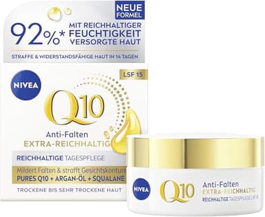 NIVEA Q10 Gesichtscreme mit LSF 15, straffende Gesichtspflege mit Q10, Bio Argan-Öl und Squalan, Tagescreme für sehr trockene Haut, Q10 Anti-Falten EXTRA-REICHHALTIG Reichhaltige Tagespflege (50 ml)