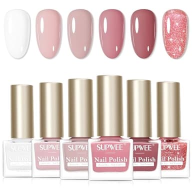 SUPWEE Nagellack 6PCS Set, Schnelltrocknend Transparenter normaler Nagellack mit Glitzer Natürlicher Nagel Ungiftige Ölbasis Nail Polish für DIY Salon Maniküre zu Hause