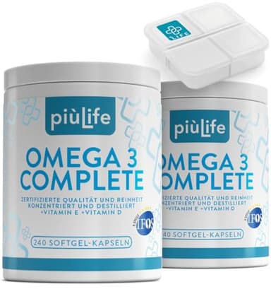 Omega 3 IFOS 5 Sterne Zertifiziert Mit Vitamin D3 und E PiùLife – 480 Softgel – Fischöl EPA DHA 800 mg & 400 mg pro Tagesdosis – Fish Oil Omega 3 kapseln hochdosiert – Herz, Gehirn, Augen, Knochen