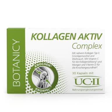 BOTANICY Kollagen Aktiv Complex - 30 Kollagen Kapseln, UC-II natives Collagen Typ 2 - Knorpel & Knochen - Mit Grünlippmuschel, Weihrauch, Mangan, Vitamin C und D - 100% Natur, Laborgeprüft in DE