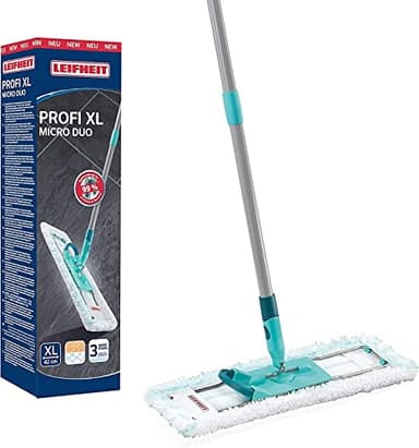 Leifheit rückenschonender Bodenwischer Profi XL Micro Duo, Stahlstiel 146cm, Wischmopp mit Fußklick, Mikrofaser Bezug für Fliesen und Laminat, 360 Grad Drehgelenk, Click-System