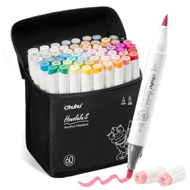 Ohuhu Marker, 60+1 Farben Pinsel und weicher Meißel Doppelte Spitzen Nahtloses Mischen Nachfüllbare Tinte Alkohol Marker für Künstler Erwachsene Färbung Illustrationen Skizzieren - Honolulu S
