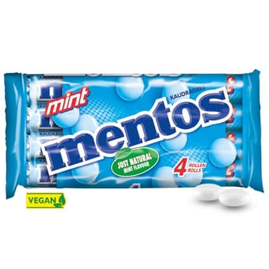 Mentos Kaubonbons Mint, Dragees mit Pfefferminz-Geschmack für frischen Atem, Multipack, Bonbon Vorrats-Packung, Verkaufsdisplay (4 Rollen), vegan