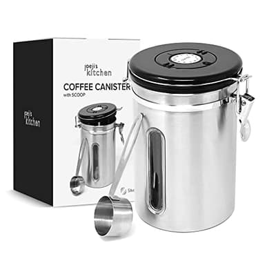 joeji's Kitchen Kaffeedose Luftdicht 1,8L - Kaffeebohnen Behälter aus Edelstahl - Vakuum Aromadicht mit Messlöffel - Vorratsdose fur Tee Kakao - Halten Sie Aromen Lange und Frisch (Silber)