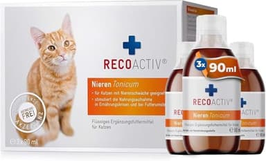 RECOACTIV Nieren Tonicum für Katzen, 3 x 90 ml, bei Anzeichen Einer Nierenfunktionsstörung, in der Rekonvaleszenz und zur Prophylaxe. Hochwertiges Protein, Appetit anregendes Ergänzungsfuttermittel