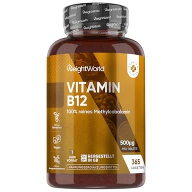 Vitamin B12-500mcg pro Tablette - 365 vegane Tabletten - 1 Jahr Vorrat - Reines Methylcobalamin - Vitamin B 12 trägt zur normalen Funktion des Nervensystems bei (EFSA) - Glutenfrei - WeightWorld