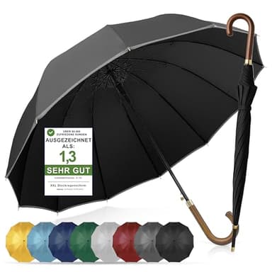 ADRIANO PORCARO® Regenschirm Sturmfest I Ø120cm Schirm I Regenschirm Groß XXL mit Reflektierendem Rand I 12 Streben Stockschirm I inkl. Schirmhülle - Für Herren & Damen I Schwarz