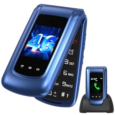 uleway 4G Seniorenhandy Klapphandy ohne vertrag, seniorentelefon mit groüe Tasten,2.4" + 1.77" Duales Display, Lange Standby Zeit Senioren Handy Mit SOS Notruftaste,flip Handy mit Ladestation Bleu