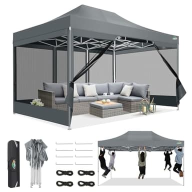 COBIZI Pavillon 3x4,5,Faltpavillon 3x4,5 Wasserdicht Stabil,Pavillon Faltbar Anti-UV mit Mesh-Seitenwände,Pavillion für Camping Events, Partyzelt Gartenzelt mit Tragetasche(3 mal 4,5m Grau)