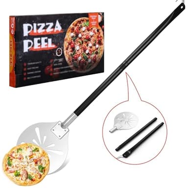 Homikit Edelstahl Pizzaschieber, 20 x 22,7 x 110 cm, Perforierte Pizzawender mit Abnehmbarem Griff, Rund Schaufel zum Leichten Gleiten auf Pizzastein