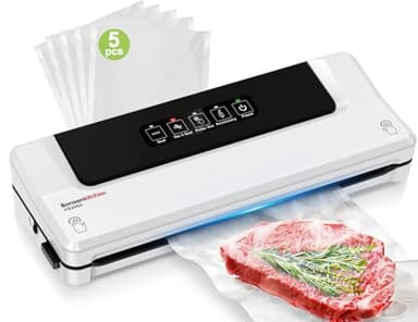Bonsenkitchen Vakuumiergerät, Vakuumierer für kontinuierliches Arbeiten mit hoher Geschwindigkeit, Folienschweißgerät für Lebensmittel, inkl. 5 Vakuumier-Beutel und Schlauch (Weiß)