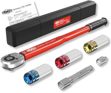 FAMEX 10886-3-RS Drehmomentschlüssel 1/2" (12,5mm) - 30-210 Nm - Schoneinsätze aus Chrom-Molybdän-Stahl - schlagfest - inkl. Verlängerung Adapter - für Auto, Motorrad, Van