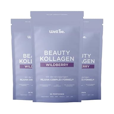 Wellbe Kollagen Pulver Wildberry - hochdosiert mit maximal bioaktivem Kollagen Hydrolysat, Biotin, Zink, Vitamin C & Hyaluron - Collagen Pulver - Kollagenpulver Peptide Made in Germany 3 x 250g