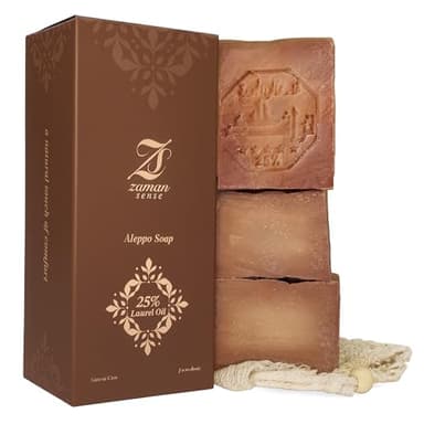 Zaman Sense Aleppo Seife 3er-Set – 25% Lorbeeröl (aus Olivenöl) – Tiefenreinigend & klärend – für unreine & anspruchsvolle Haut – je 200 g inkl. Seifensäckchen