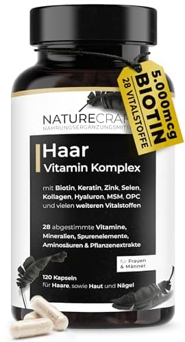 Haar Vitamin Komplex mit 28 Vitalstoffen - Hochdosiert mit Biotin, Keratin, Kollagen, Hyaluron, Zink, Selen, MSM, OPC uvm. für Haare, Haut & Nägel. 120 Kapseln - (2-Monats Vorrat)
