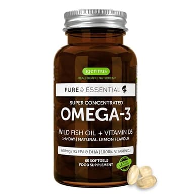 Igennus Advanced Omega-3 Fischöl mit D3 1000 IE, 1-mal täglich, 60 Portionen, IFOS-zertifiziert, EPA- & DHA-Fettsäuren, rTG-Triglycerid-Form, schnell wirksam, ultrarein, natürlicher Zitronengeschmack