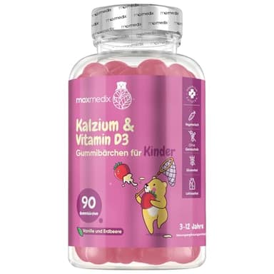 Calcium & Vitamin D3 Gummibärchen für Kinder - 90 vegetarische Gummies - 160 mg Kalzium & 10 μg (400 IE) Vitamin D3-3 Monate Vorrat - Erdbeere & Vanille Geschmack - Glutenfrei - maxmedix