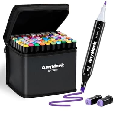 AnyMark 80 Farben Alkoholmarker, Marker-Set, Doppelspitzen-Alkoholmarker auf Basis von Kunst für Erwachsene zum Ausmalen und Zeichnen, Meißel- und Feinspitze, schwarzer Stifthalter