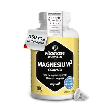 Magnesium Komplex, 350 mg elementares Magnesium in 1 Tablette, 180 hochdosierte vegane Tabletten mit 24h Depot-Effekt, Magnesium-Citrat-Carbonat-Oxid ohne Zusatzstoffe, Made in Germany