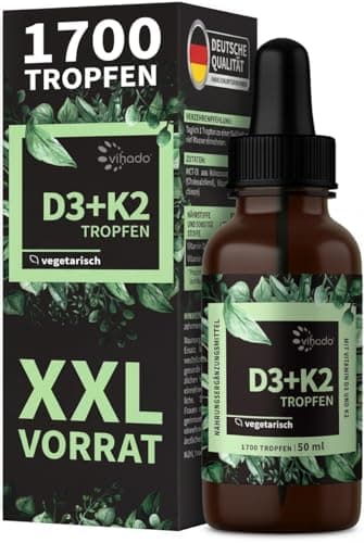 Vihado Vitamin D3 K2 Tropfen hochdosiert für Erwachsene, XXL Packung mit 1000 IE Vitamin D3, Premium Reinheit ohne Zusätze, 50 ml (1.700 Tropfen)