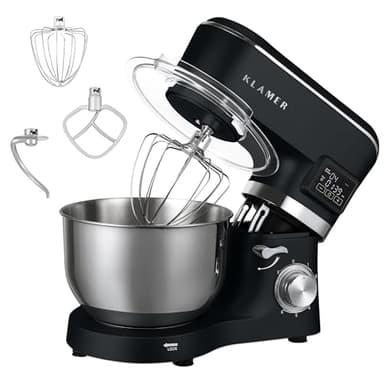 KLAMER Küchenmaschine Classic 1400 W – 5,5 L Rührschüssel aus Edelstahl, Knet-, Rühr- & Schneebesenaufsatz, Timer & LED-Display, stabile Saugnapffüße, ideal für Brot-, Kuchen- & Pizzateig
