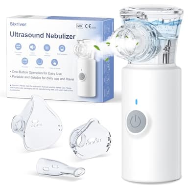 Inhalationsgerät, Sixriver Leiser Tragbarer Inhalationsgerät für Erwachsene und Kinder, Partikelgröße 1-5µm, Einstellbarer Sprühnebel, USB Aufladbarer Inhalator mit 2 Masken und 1 Mundstück, Weiß