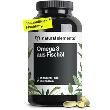 natural elements Omega 3 – 365 Kapseln – 2000mg Fischöl pro Tagesdosis – mit EPA und DHA in Triglycerid-Form – Laborgeprüft, aufwendig aufgereinigt und aus nachhaltigem Fischfang