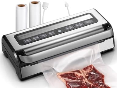 Vakuumiergerät 95 kPa,9-in-1 Lebensmittel-Vakuumierer mit einstellbarem Zeit- & Druckmodus,Speicherfunktion,Doppelter Versiegelung,Integriertem Schneider & Beutelaufbewahrung,inkl. 2 Rollen & Schlauch