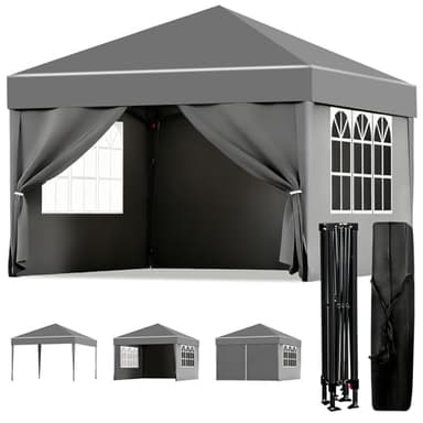 ISE Pavillon 3x3 mit Seitenwänden, Faltpavillon stabil inkl.Tragtasche, Pavillion klappbar 3x3m UV-Schutz 50+,Partyzelt höhenverstellbar für Garten,Grau