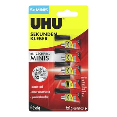 UHU Sekundenkleber extra stark | 5x1g Kleber Tuben für präzises Kleben | Sekundenkleber flüssig für Kunststoff, Metall, Holz, Keramik, Porzellankleber | Superkleber & Kunststoffkleber