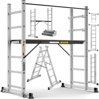 Masko® Baugerüst Alugerüst Gerüst 𝟰𝗶𝗻𝟭✓ Anlegeleiter ✓ Bockeiter ✓ Arbeitsgerüst ✓ treppenleiter✓ Arbeitsbühne | bis 150 KG belastbar | Anti-Rutsch beschichtet | Gerüstleiter | GS geprüft (EN 131)