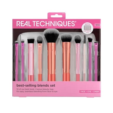 Real Techniques Blends Set, 10-Piece Makeup Brush Collection with Beauty Bag for Face and Eye, Use with Liquid, Cream, or Powder, Vegan, Cruelty-Free, Travel-Friendly, Easy to Clean