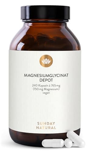 SUNDAY NATURAL® Magnesium Bisglycinat - 240 Kapseln - 300mg reines Magnesium pro Tagesdosis, Hochdosiert - Depot Magnesiumglycinat als organisches Aminosäurechelat - Laborgeprüft, vegan