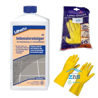 zbs24 Lithofin KF Intensivreiniger, Grundreiniger und regelmäßiger Unterhaltsreiniger, stark beanspruchter Flächen aus keramischen Fliesen und Feinsteinzeug, inkl. Latex Handschuhe Gr. 8 (1 Liter)