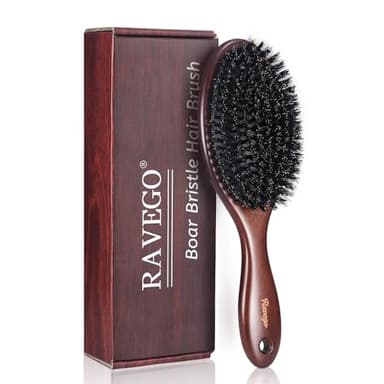 RAVEGO Haarbürste, Wildschweinborsten Bürste für Damen Herren Kinder zum Entwirren & Stylen, Naturborsten Bürste für dünnes, feines Haare, steife Borsten