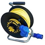 CEE Kabeltrommel mit 25m Panzerkabel - Kabel Signalfarbe gelb CEE Stecker auf Winkelkupplung/Winkelstecker mit Schuko Steckdose - 230V Camping Gerätetrommel IP44 - Made in Germany