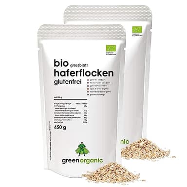 Bio Haferflocken glutenfrei, Großblatt, kernig, Frühstücksflocken, für Porridge, ohne Zucker greenorganic (2x 450g)