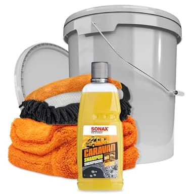 autopflege Wohnmobil Reiniger Set | Sonax Caravan Shampoo 1l + Waschhandschuh + Trockentuch + 16l Wascheimer mit Deckel | Wohnmobilreiniger Caravanreiniger Wohnwagenreiniger
