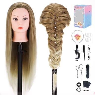 Frisierkopf Kinder,75cm/29.5 Zoll 100% Synthetisches Haar Trainingsköpfe für Friseure,Übungskopf Friseur Puppe Mannequin Kopf mit Tischhalter + DIY Haare Frisuren Set