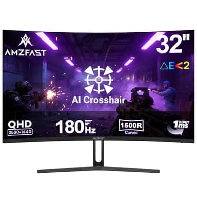 Amzfast Gaming Monitor 32 Zoll Curved – 180Hz, 2K QHD 2560x1440,1ms MPRT, DCI-P3 93%,sRGB 125%, Fast VA 1500R, Adaptive Sync, VESA 100x100mm, HDMI 2.0×2 & DP 1.4×2, AMZG32C1Q