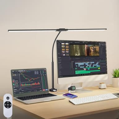 OUTON LED Schreibtischlampe 85,5 CM Doppelkopf mit USB-A & C - Aufladbar, 1600LM Helligkeit, Stufenlos Dimmbar, 5 Farbtemperaturen, Timer & Speicher, Klemmbar Lampe für Büro & Homeoffice, Schwarz
