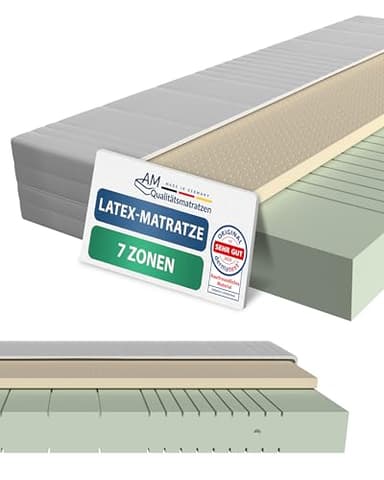 AM Qualitätsmatratzen 7 Zonen Latex Matratze 90x200 H3 - Made in Germany - Oeko TEX zertifizierte Naturlatex Matratze 90x200-20 cm Hoch - Hybridmatratze mit 4cm Latexauflage