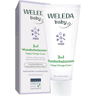 WELEDA Bio Baby Med 3in1 Wundschutzcreme Weiße Malve - Naturkosmetik Windelcreme mit Kokosöl & Sesamöl für hochsensible bis neurodermitische Haut beugt Wundsein im Windelbereich vor (vegan, 50ml)