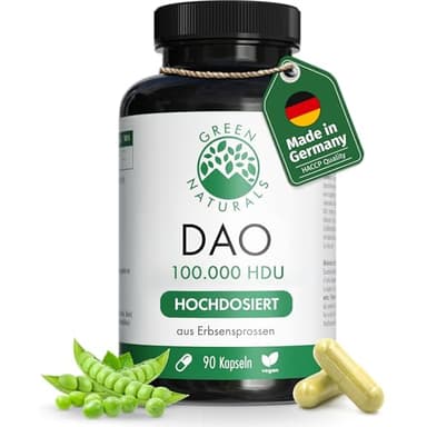 DAO Kapseln VEGAN – 300.000 HDU pro Tagesdosis – Magensaftresistente Kapseln – Natürliches DAO Enzym aus Erbsenprotein mit 100 mg Erbsensprossenpulver je Kapsel – 90 Kapseln – Green Naturals®