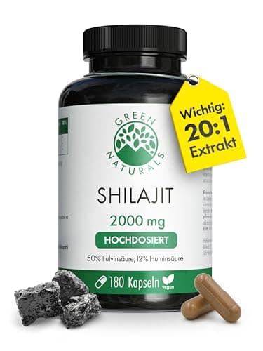 Shilajit 40.000 mg pro Tagesdosis (20:1 Extrakt) – Original Himalaya Kapseln mit 50% Fulvinsäure und 12% Huminsäure – 180 Kapseln (3 Monate) - Premiumqualität aus Deutschland – Green Naturals®