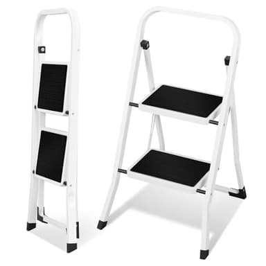 EUGAD Trittleiter 2 Stufen klappbar, Leiter mit Anti-Rutsch-Stufen, Klappleiter mit Haltegriff, einfach zu verstauen, bis 150 kg belastbar, aus Stahl, Schwarz + Weiß