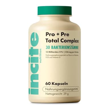 Incite Nutrition Prä- und Probiotika Bio Kulturen Komplex 13 Milliarden KBE. 60 Kapseln, 1-Monats-Vorrat. 30 Bakterienstämme. Unterstützt die Darmgesundheit, Verdauung und das Immunsystem. Vegan
